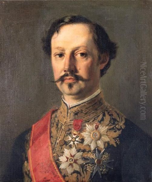 Portrait Of A Nobleman, Head And
 Shoulders, Wearing An Embroidereddiplomatic Coatee Together With The 
Sash Of The Order Of St Gregorythe Great Breast Stars And Decorations 
Including The Portuguesemilitary Order Of Christ And The French Legion 
Of H Oil Painting by Franz Xavier Winterhalter