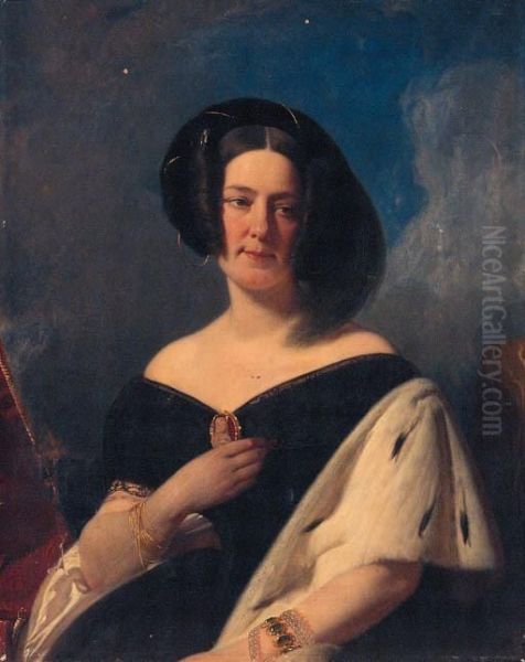 Portrait Of A Lady, Seated 
Half-length, In A Black Dress And Erminewrap, And Feathered Headdress Oil Painting by Franz Xavier Winterhalter