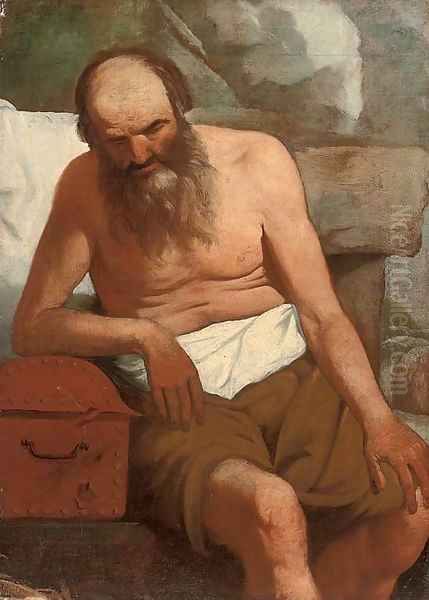 An old man leaning on a casket Oil Painting by Georges de La Tour