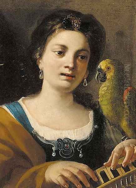 A girl, half-length, playing a keyboard instrument, with a parrot Oil Painting by Giovanni Domenico Tiepolo