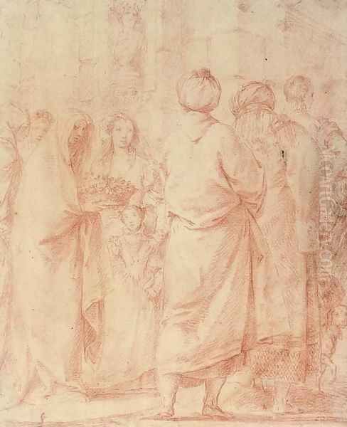 A procession of veiled women, orientals and a young man, before a bust of Tiberius Oil Painting by Giovanni Domenico Tiepolo