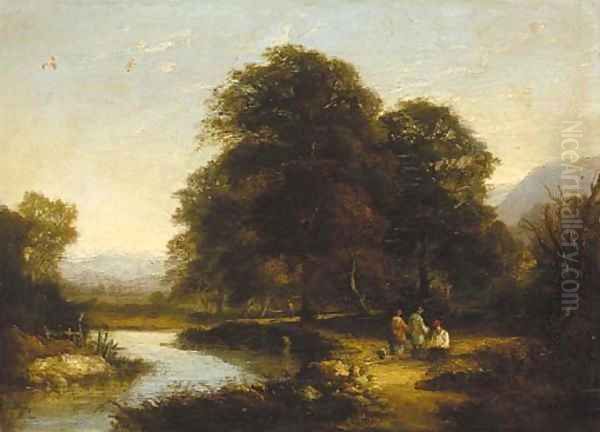 Figures by a river in a wooded landscape Oil Painting by William Traies