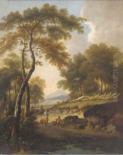 Figures on a path in a wooded landscape Oil Painting by William Traies