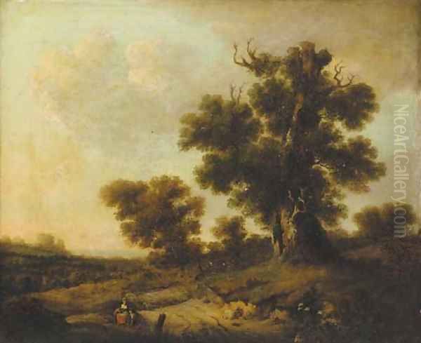 Figures resting under a tree in an extensive landscape Oil Painting by William Traies