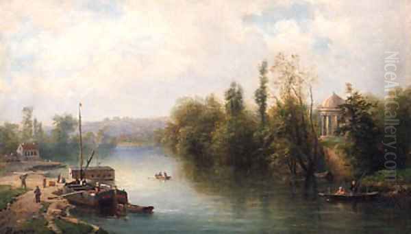 A Barge Moored By A River Bank, A Temple Beyond Oil Painting by Claude Sebastien Hugard De La Tour