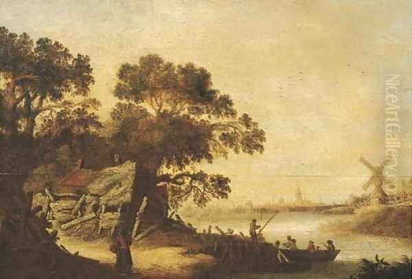 A wooded river landscape with figures at a landing stage by a farmhouse, a village beyond Oil Painting by Cornelis Tegelberg