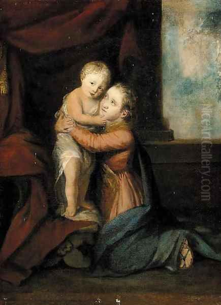 Portrait of Frances Johnson, full length, kneeling in a red dress with blue rap, clasping her infant cousin Master Gwatkin Oil Painting by Miss Frances Reynolds, Later Marchioness Of Thomond