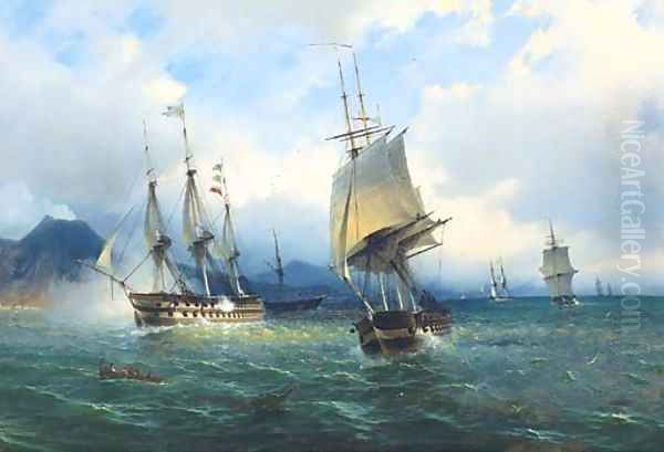 Warships in the Mediterranean signalling their arrival off Naples Oil Painting by de Simone Tommaso