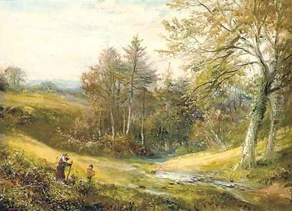 Figures near a stream, with a woodland beyond Oil Painting by George Turner