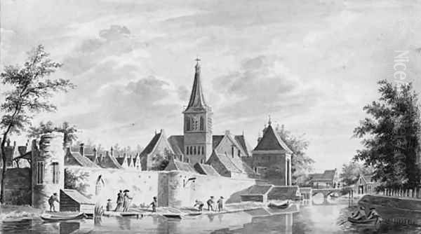 A view of the town walls of Vianen with the Landpoort Oil Painting by Gerrit Toorenburg