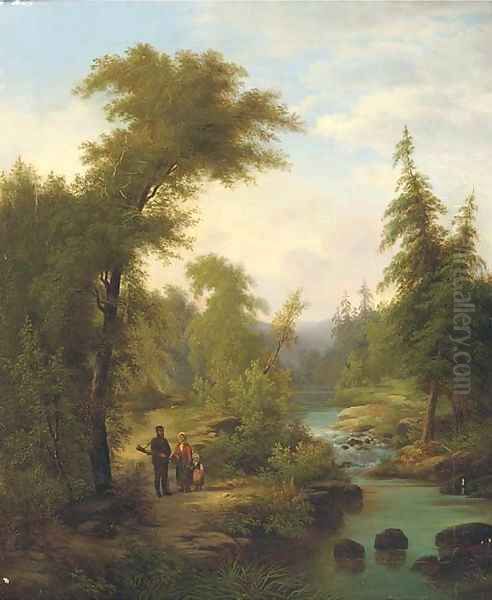 A family on a riverbank in a wooded landscape Oil Painting by Josef Thomas