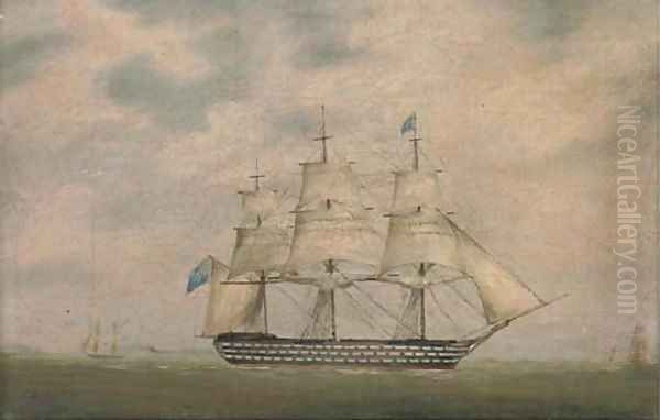 A Royal Naval three-decker in coastal waters; and A Royal Naval two-decker offshore Oil Painting by Lieutenant Robert Strickland Thomas