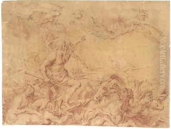 Neptune commanding the Winds, attended by tritons and nereids, a fleet beyond, after Rubens Oil Painting by Theodor Van Thulden