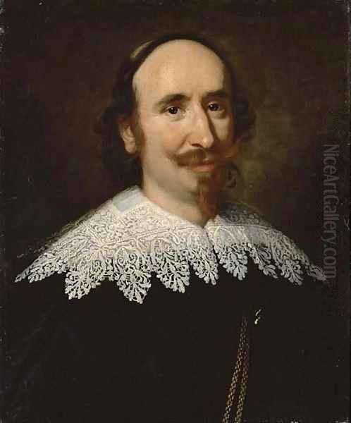 Portrait of a gentleman, bust-length, wearing a black doublet with a lace collar Oil Painting by Tiberio Tinelli