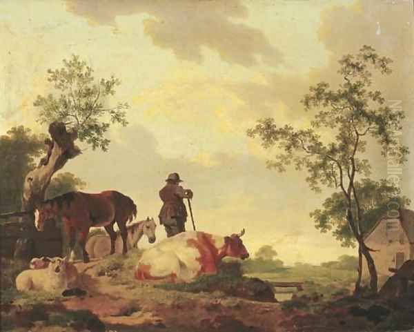 A landscape with a shepherd overlooking a river, a cow, sheep and horses nearby Oil Painting by Barend Hendrik Thier