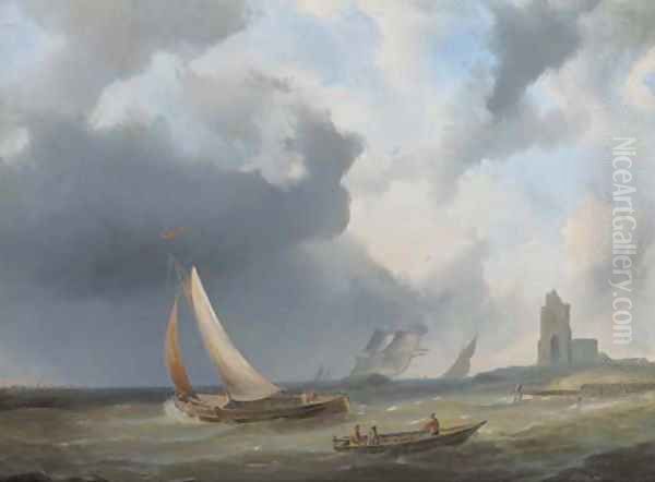 Sailingvessels on choppy water by a coast Oil Painting by Pieter Hendrik Thomas