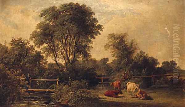 A Wooded River Landscape, With A Gentleman On A Footbridge And Cattle In The Foreground Oil Painting by John F Tennant