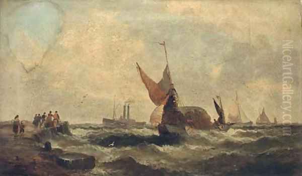 Shipping in a swell; and Shipping coming into a quay Oil Painting by William A. Thornley Or Thornber