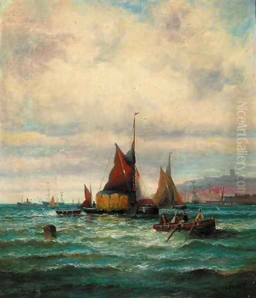 Shipping off a harbour Oil Painting by William A. Thornley or Thornbery