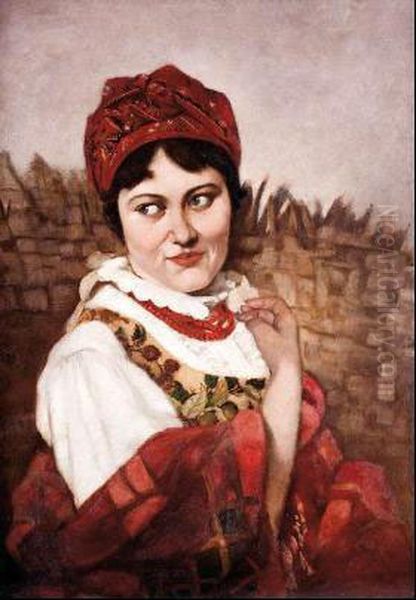 Dziewczyna W Haftowanym Gorsecie Oil Painting by Wincenty Wodzinowski