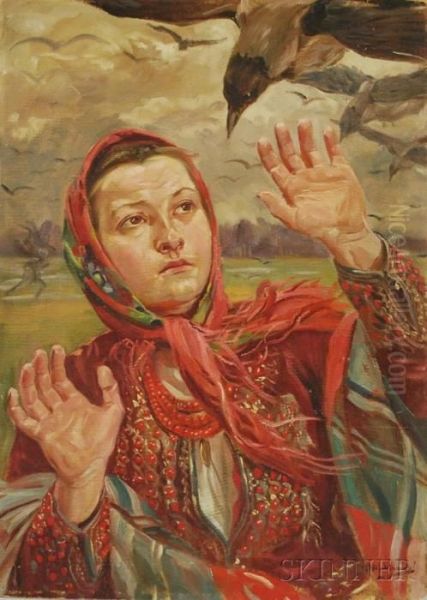 Peasant Woman Fending Off Crows Oil Painting by Wincenty Wodzinowski