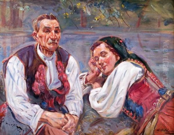 Odpoczynek Nad Woda Oil Painting by Wincenty Wodzinowski