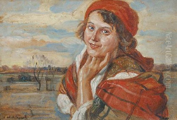 Kobieta Na Tle Pejzazu Oil Painting by Wincenty Wodzinowski