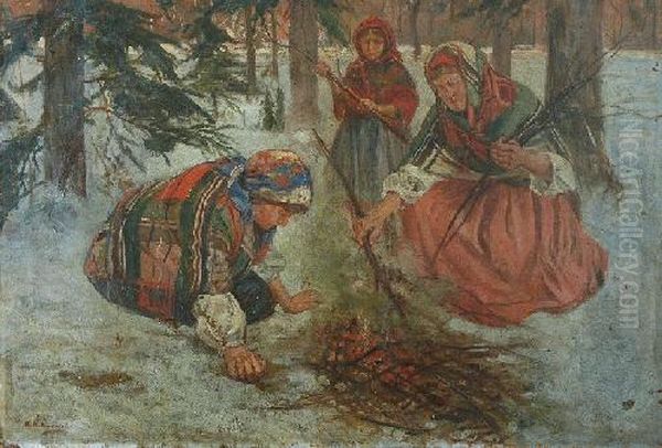 Kobiety Przy Ognisku Oil Painting by Wincenty Wodzinowski