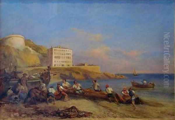 Fishermen Pulling Their Nets on the Seas Edge at Ponchettes Oil Painting by Ercole Trachel