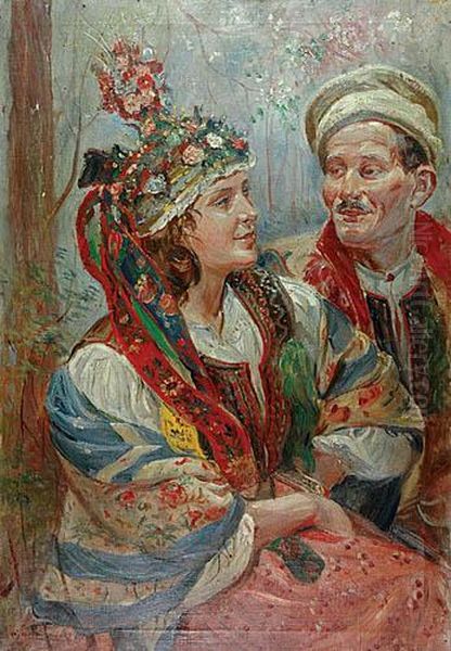 Para W Strojach Ludowych Oil Painting by Wincenty Wodzinowski