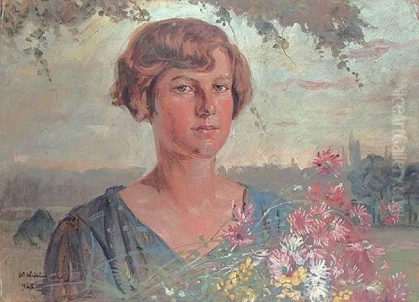 Portret Dziewczyny Z Kwiatami Oil Painting by Wincenty Wodzinowski