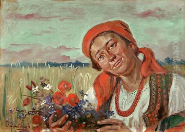 Dziewczyna Z Bukietem Polnych Kwiatow Oil Painting by Wincenty Wodzinowski