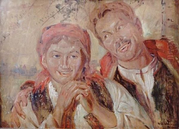 Para W Strojach Krakowskich Oil Painting by Wincenty Wodzinowski