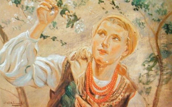 Dziewczyna Przy Kwitnacych Jabloniach Oil Painting by Wincenty Wodzinowski