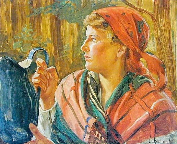 Dziewczyna Z Dzbanem Oil Painting by Wincenty Wodzinowski