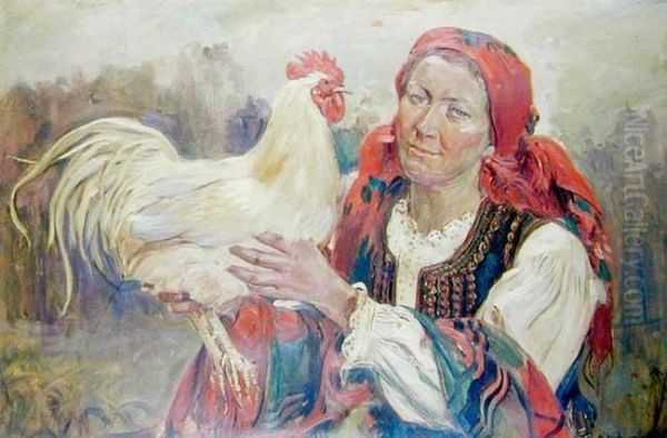 Dziewczyna Z Kogutem Oil Painting by Wincenty Wodzinowski