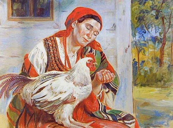 Dziewczyna Wiejska Z Kogutem, 193(8?) Oil Painting by Wincenty Wodzinowski