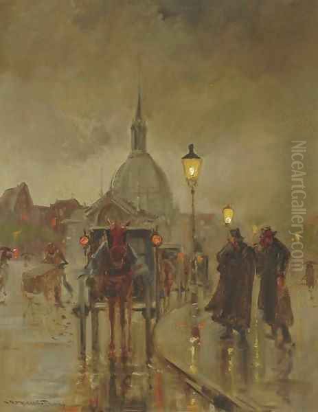 Aapjeskoetsen at the Hotel Americain, Leidseplein, the Koepelkerk in the background, Amsterdam Oil Painting by Jan Hermanus Melcher Tilmes