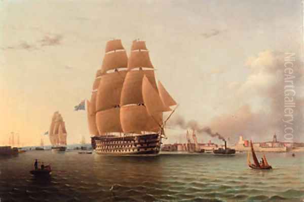 H.M.S. Queen and other Shipping in Portsmouth Harbour Oil Painting by Robert Strickland Thomas