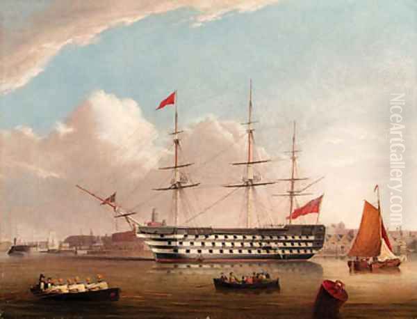 H.M.S. Victory at her permanent Mooring in Portsmouth Harbour Oil Painting by Robert Strickland Thomas