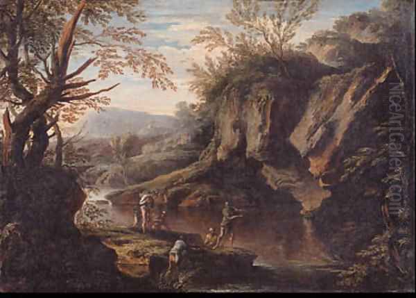 A Gorge with Peasants fishing and Bandits Oil Painting by Bartolomeo Torreggiani