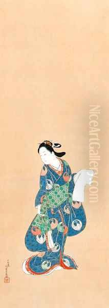 Courtesan with letter Oil Painting by Kaweda Toyonobu