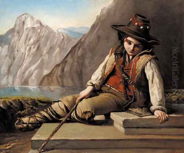 The young goatherd Oil Painting by Lajos Thanhoffer