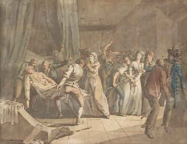 The arrest of Charlotte Corday, with Jean-Paul Marat's body carried away Oil Painting by Louis Brion De La Tour