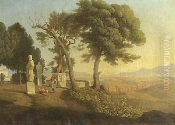 Women conversing in a classical garden, an Italianate landscape beyond Oil Painting by Abraham Teerlink