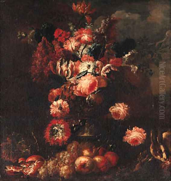 Parrot tulips, roses, carnations, pansies and other flowers in a vase Oil Painting by Frans Werner Von Tamm