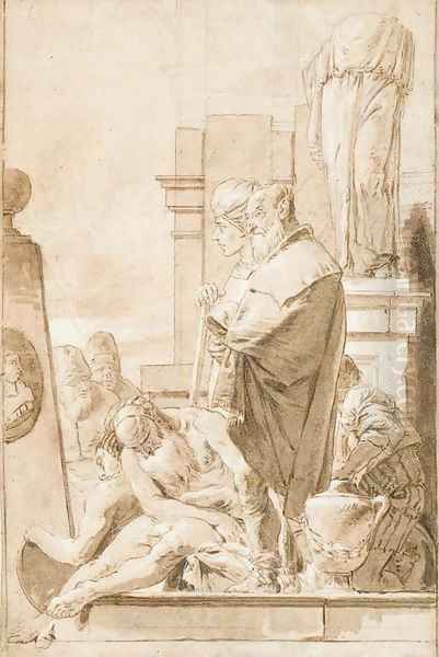 Des hommes assis ou debout, certains en costume oriental, devant une statue sans tete Oil Painting by Giovanni Battista Tiepolo