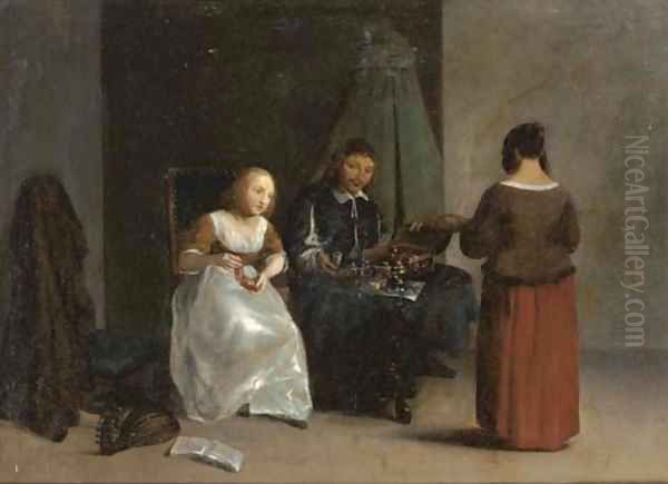 A jewellery seller in an interior Oil Painting by Gillis van Tilborgh