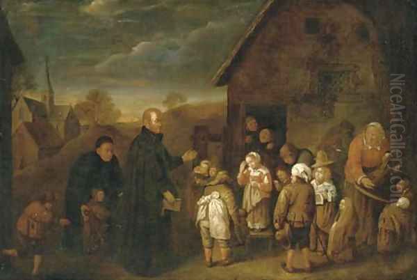 A clergyman visiting a village school Oil Painting by Gillis van Tilborgh