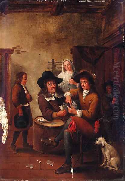 Guardsmen playing cards in an inn Oil Painting by Gillis van Tilborgh